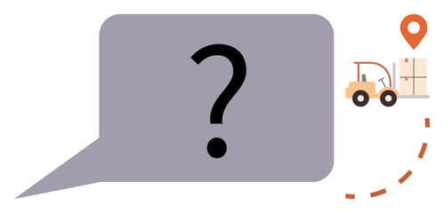 Speech bubble with question mark, forklift moving package along a dashed line to pin marker. Ideal for customer support, delivery services, logistics, supply chain, queries, navigation