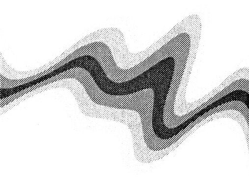 Macro halftone print showing a fluid, wavy ribbon of dark and light gradients with diagonal-line shading on a transparent background.