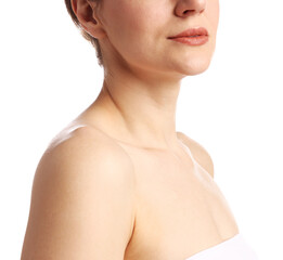 Fototapeta premium Woman with normal skin on white background, closeup