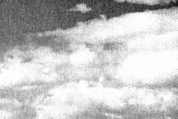 Macro halftone print of cloudy sky with dark upper band and layered clouds below, rendered in dense diagonal lines on a transparent background.