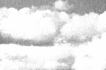 Macro halftone print of layered puffy clouds and bright sky, diagonal ink shading forming a cloudy horizon on a transparent background.