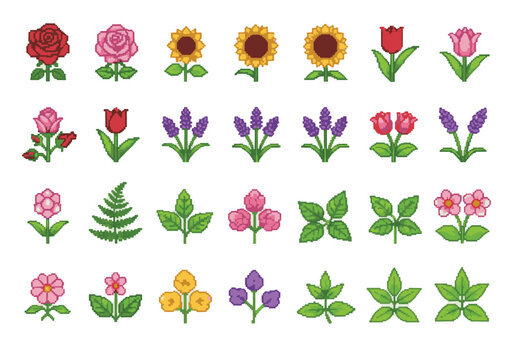 Pixelated floral collection of various colorful flowers and leaves in a grid layout, perfect for digital art and design projects