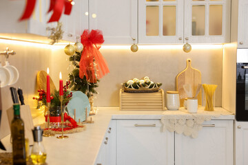 Beautiful Christmas decor on countertop in kitchen. Interior design