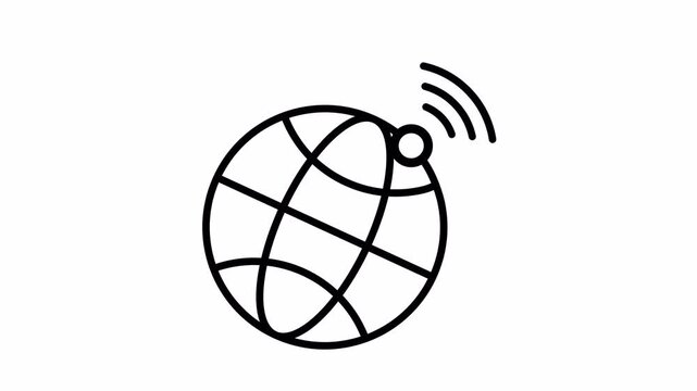 Minimalist line icon animation of a globe with radiating signal waves. Represents global communication, connectivity, and digital networks. Clean, modern design on white background.