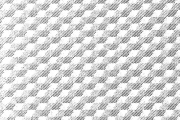 Macro halftone pattern of repeating hexagonal pyramids seen from above, forming staggered diagonal tiles in black ink on a transparent background.