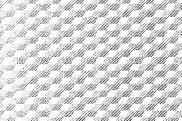 Macro halftone pattern of repeating hexagonal pyramids seen from above, forming staggered diagonal tiles in black ink on a transparent background.
