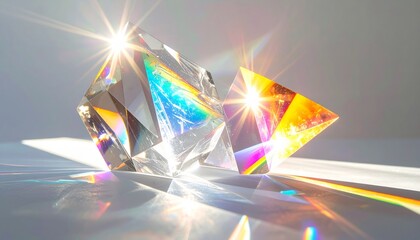 Two geometric glass prisms reflecting bright sunlight creating colorful rainbows and lens flares on a white surface
