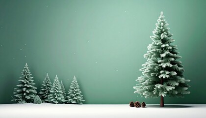 Fototapeta premium Festive Christmas Trees Covered In Snow With Small Gift Boxes At Base Green Background