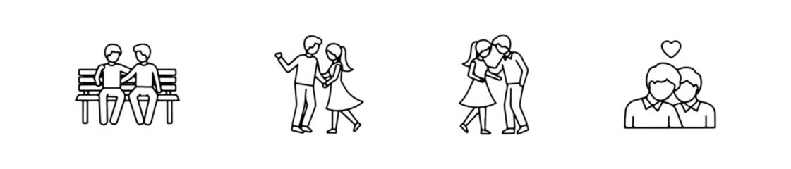 Couple icons with romantic poses and affectionate gestures for love-themed design.