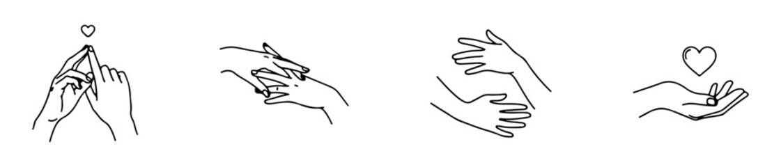 Hand gesture icons with heart shapes for romantic and emotional design themes.