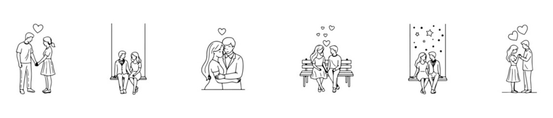 Couple icons with romantic poses and affectionate gestures for love-themed design.