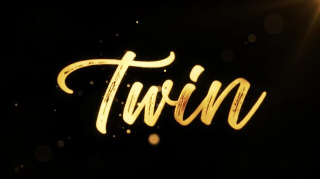 Close-up video of 'twin' word forming elegantly in golden calligraphic cursive on deep black, traced by luminous particles & stardust with glows & flares. High-end reveal concept