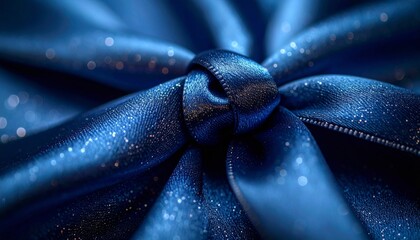 Close Up Of A Glittery Blue Ribbon Tied In A Knot With Soft Bokeh Lights