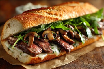 Delectable Steak Hoagie: Closeup of a Grilled Mushroom and Savory Steak Sandwich on Artisan Bread