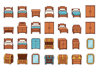 Pixel Art Furniture Icons Beds, Cabinets, Chests, and Mirrors