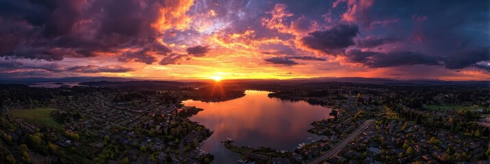 Aerial View of Lake Stevens at Sunset: Vibrant Sky Illuminated by Golden Sun and Soft Clouds