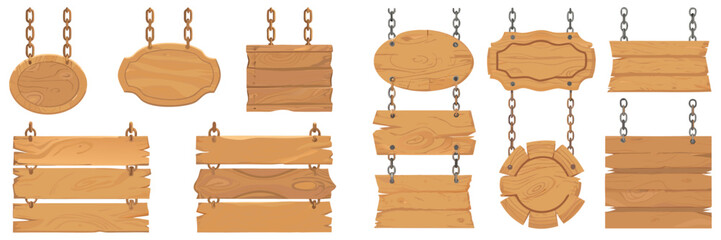 Set of handcrafted wooden signs with decorative edges, suspended using metal chains.