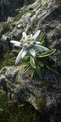 Edelweis: Alpine Flower Amidst Majestic Mountain Landscape with Lush Green and Pure White Blooms
