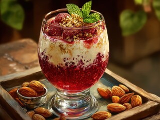 Delightful Falooda: A Creamy Indian Dessert with Almonds, Basil Seeds, and Colorful Jelly