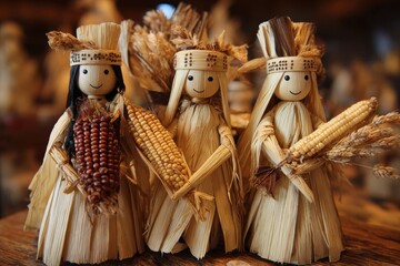Authentic Native American Corn Husk Doll Crafted from Dried Leaves and Cobs, Celebrating Autumn and Cultural Art for Children