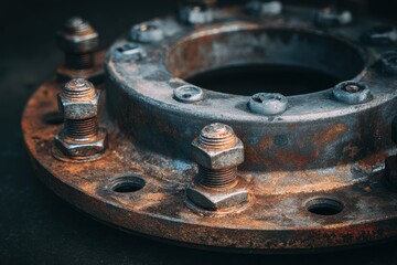 Close-Up of a Rusted Wheel Spacer with Studs Mounted on an Old Car Hub, Perfect for Auto Tuning in a Garage Setting