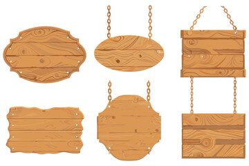 Warm-toned wooden signs with engraved texture, multiple shapes, isolated vector image.