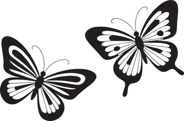 Two intricately patterned butterflies in a striking black and white silhouette