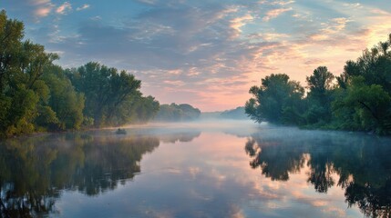 Serene Dawn Over Kalamazoo River Valley: Foggy Summer Landscape with Stunning Skies in Michigan