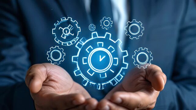 Man in Blue Suit Holding Glowing Blue Gear and Clock Icon in Hands in Dark Room, Close Up Studio Shot, Business Technology Concept