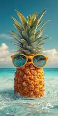 Playful Pineapple with Sunglasses at the Turquoise Beach, Highlighting Caribbean Vibes and Tropical Sunlight