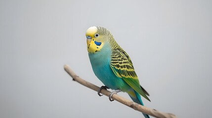A vibrant blue and yellow budgie perched on a natural branch against a clean neutral background, captured in sharp detail. Ideal for pet, bird, and nature-themed stock use.