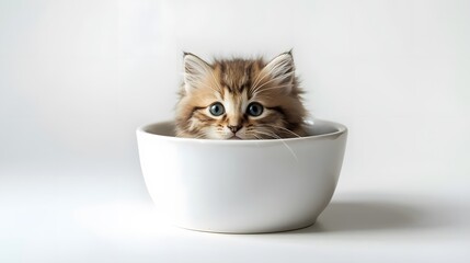 Adorable fluffy tabby kitten sitting inside a white ceramic bowl on a clean white background. Soft lighting and playful expression create a charming, minimal and heart-warming scene.