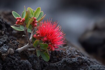 Vibrant Ohia Lehua Flower on Black Lava Rocks in Hawaii Volcanoes National Park, Showcasing the Endemic Beauty of the Big Island's Red Shrub