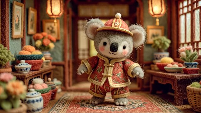 Adorable Koala in Traditional Chinese Attire Celebrating Lunar New Year.