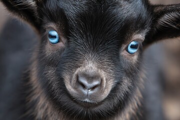 Charming Portrait of a Nigerian Dwarf Goat with Striking Blue Eyes and Soft Defocused Background