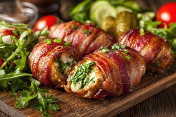Savory Armadillo Eggs: Crispy Bacon-Wrapped Delights Filled with Spiced Minced Meat and Creamy Cheese Served with Fresh Salad