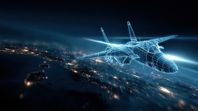 Digital wireframe fighter jet flying above illuminated global cities at night, advanced aerospace tech