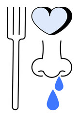 Human senses, emotion, food, sadness, abstract art, conceptual design. A fork, a heart a nose and blue teardrops create a minimalist artistic . Human senses and emotion concept