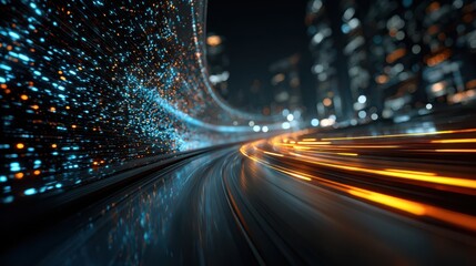 Digital data stream flowing through urban network, futuristic high-speed connection concept background.