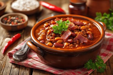 Savory Cowboy Bean Casserole Featuring Spicy Sauce, Ground Beef, and Bacon in a Colorful Bowl