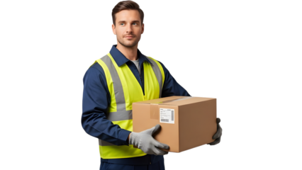 Smiling young delivery man in uniform carrying a cardboard parcel