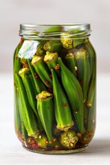 Zesty Home-Canned Okra in a Glass Jar Against a White Backdrop