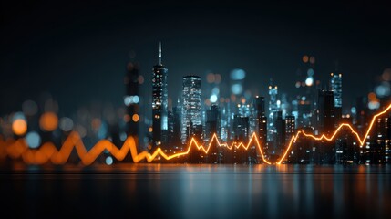 Abstract digital city skyline with glowing financial graph showing market fluctuations and growth.