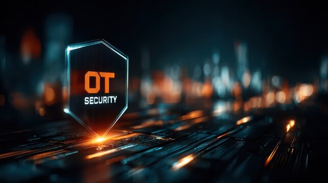 Ot security conceptual shield icon protecting industrial systems and critical data digitally.