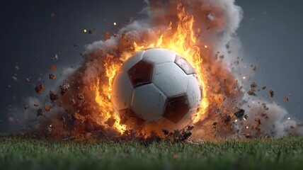 Naklejka premium Soccer ball breaking brick wall with fiery explosion, shattering obstacles, power showing and energy