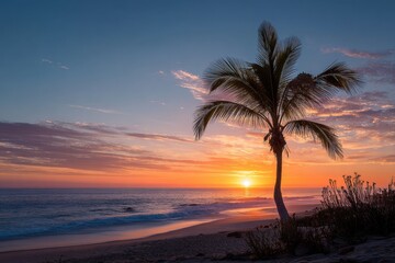 Breathtaking Todos Santos Twilight: Palm Trees, Golden Beach, and Vibrant Evening Sky