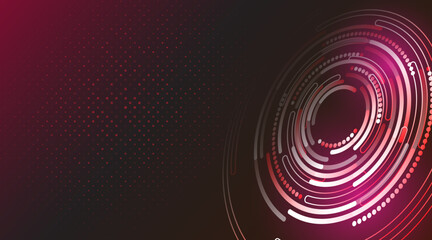 Abstract futuristic technology background with glowing circular lines and digital dots in red and pink gradient, modern hi-tech design for data, interface and innovation themes.
