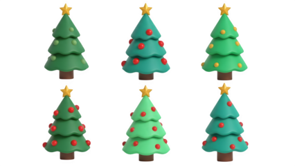 Six vibrant cartoon christmas trees with golden stars and red ornaments isolated on transparent background
