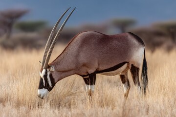 Beisa Oryx Grazing on Lush Grass at Samburu Game Reserve, Kenya: A Majestic Antelope in Its Natural African Habitat