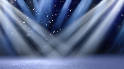 Empty stage illuminated by bright spotlights, glowing particles falling with effect bokeh a celebratory